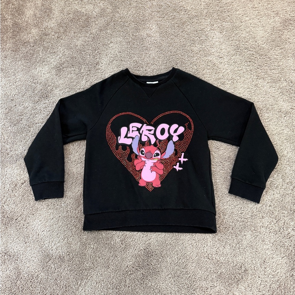 Disney Stitch Leroy Black lightweight crewneck Sweater with Pink Stitch Graphic